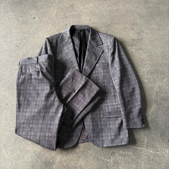 Vintage 70s Clipper Craft Plaid Suit Mens 42 Gray Red Blazer Jacket Pants 36x30 - Picture 1 of 8